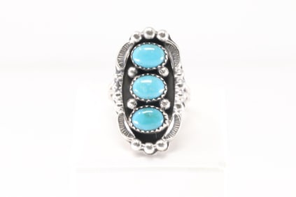Native America Navajo Sterling Silver Turquoise Ring 3 Stone By Jimmy Garcia.