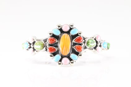 Native America Navajo Sterling Silver Multi-Color Stone Bracelet cuff By Kathleen Livingston.