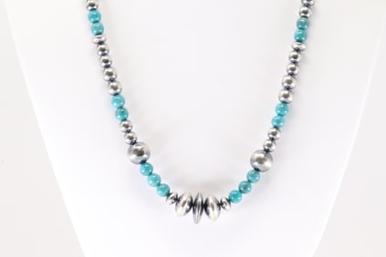 Native America Navajo Sterling Silver Turquoise & Pearl Beaded Necklace.