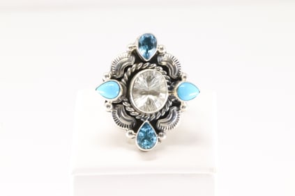 Native American Navajo Sterling Silver Blue Topaz / Cubic Zirconia & Turquoise Ring By R.B.