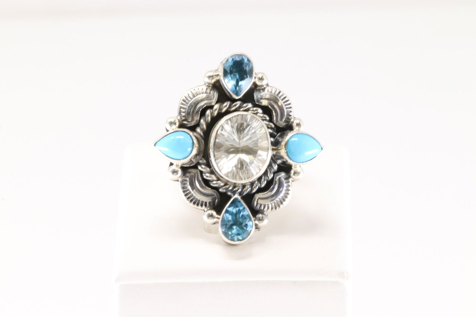 Native American Navajo Sterling Silver Blue Topaz / Cubic Zirconia & Turquoise Ring By R.B. (1 of 4)