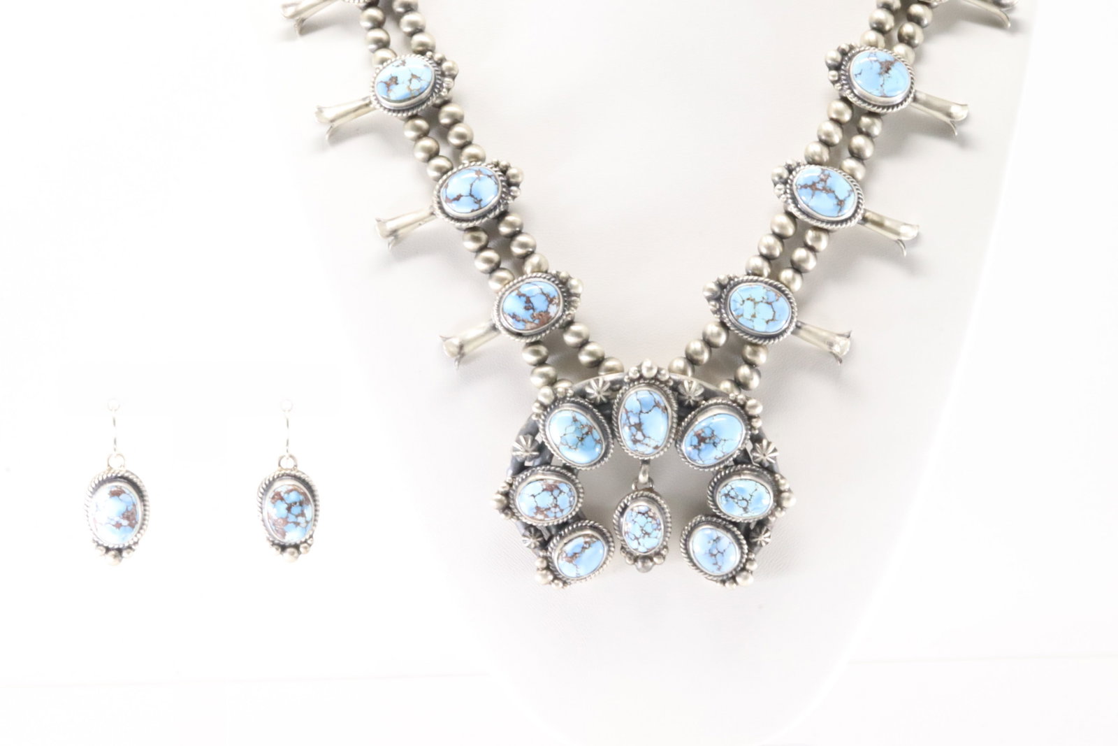 Native American Navajo Sterling Silver Golden Hill Turquoise Squash Blossom Necklace & Earring's Set: This is a Native American Navajo Sterling Silver Golden Hill Turquoise Squash Blossom Necklace & Earring's Set By Thomas Francisco. Necklace length: 26.00" Total weight: 159.10 Grams.