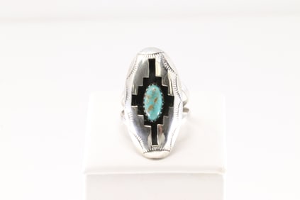 Native American Navajo Sterling Silver Turquoise Ring By Felix Perry.
