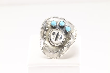 Native America Navajo Sterling Silver Turquoise Cowboy Hat Ring By Bobby Platero.
