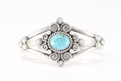 Native America Navajo Sterling Silver Kingman Turquoise Bracelet Cuff By Mike Calladitto.