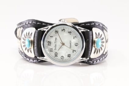 Native America Navajo Sterling Silver Turquoise Watch Leather Bracelet By Armstrong.