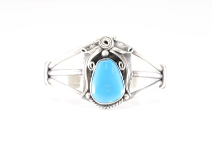 Native America Navajo Sterling Silver Turquoise Bracelet Feather Cuff By Jimmy Lee.