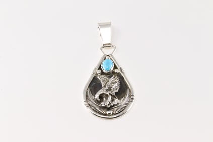 Native America Navajo Sterling Silver Turquoise Eagle Pendant By Darrell Morgan.