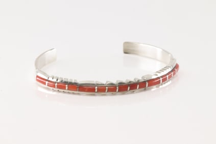 Native America Zuni Sterling Silver Coral Inlay Bracelet Cuff By Sheldon Lalio.