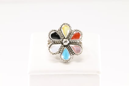 Native America Zuni Sterling Silver Multi-Color Stone Flower Ring By Carol Lateyice & Gina Dosedo.