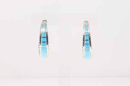 Native America Zuni Sterling Silver Kingman Turquoise Post Earring's By Malcolm Chavez.