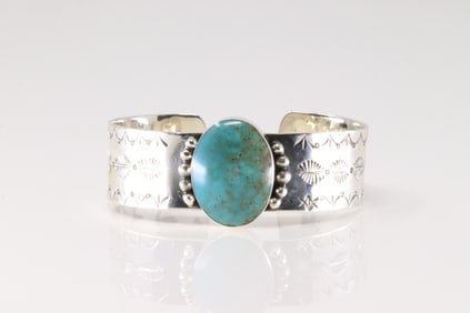Native America Navajo Sterling Silver Kingman Turquoise Bracelet Cuff By Daniel Dakai.