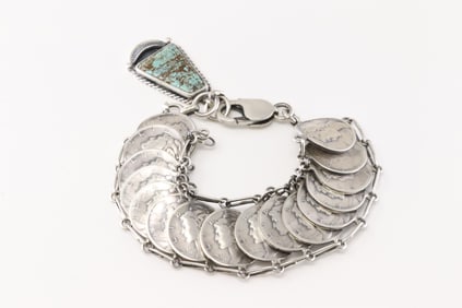 Native America Navajo Sterling Silver Kingman Turquoise Liberty Dime Bracelet Link By James McCabe.