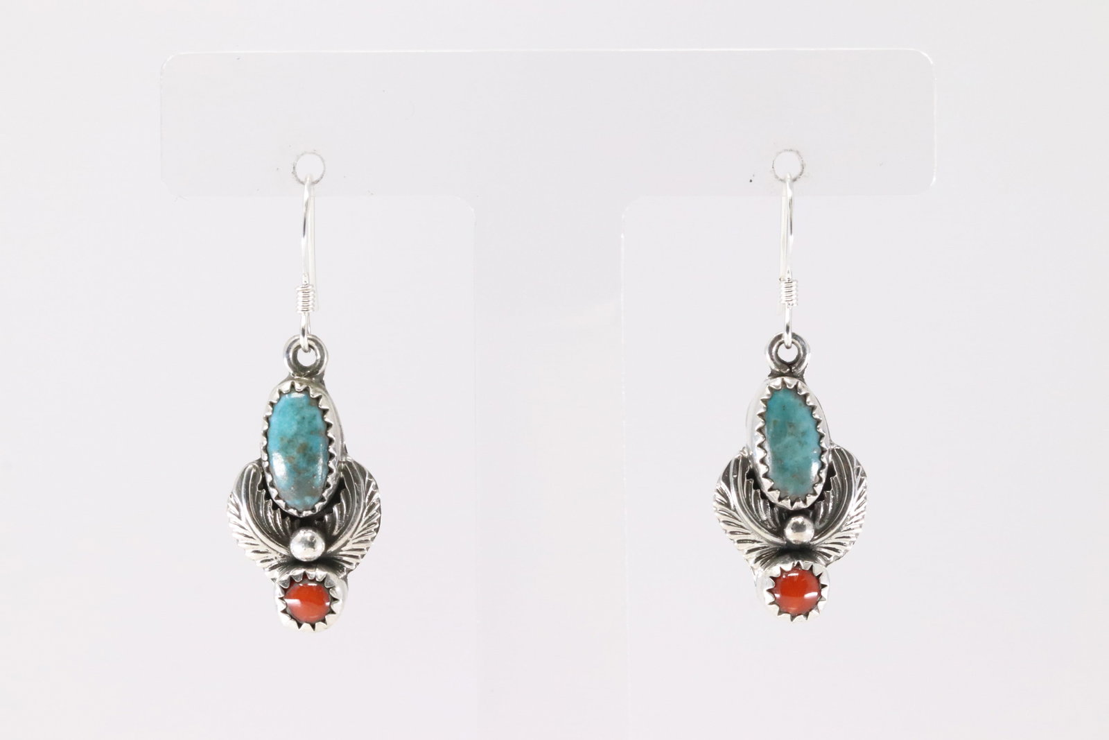 Native America Navajo Sterling Silver Coral & Turquoise Dangling Earring's By Robert Martinez.: This is a Native America Navajo Sterling Silver Coral & Turquoise Dangling Earring's By Robert Martinez.