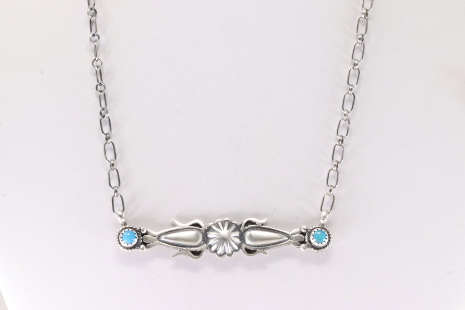 Native America Navajo Sterling Silver Turquoise Necklace By Marita Benally.: This is a Native America Navajo Sterling Silver Turquoise Necklace By Marita Benally. Necklace length: 16.00"