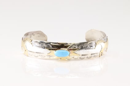 Native America Navajo Sterling Silver Turquoise Bracelet Cuff By Genevieve Jones.