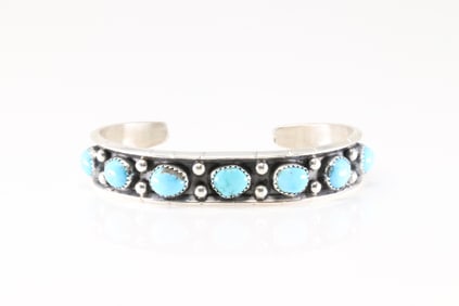 Native America Navajo Sterling Silver Kingman Turquoise Bracelet Cuff By Reed Charley.
