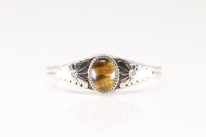 Native America Navajo Sterling Silver Eye Tiger Bracelet Cuff By Y.