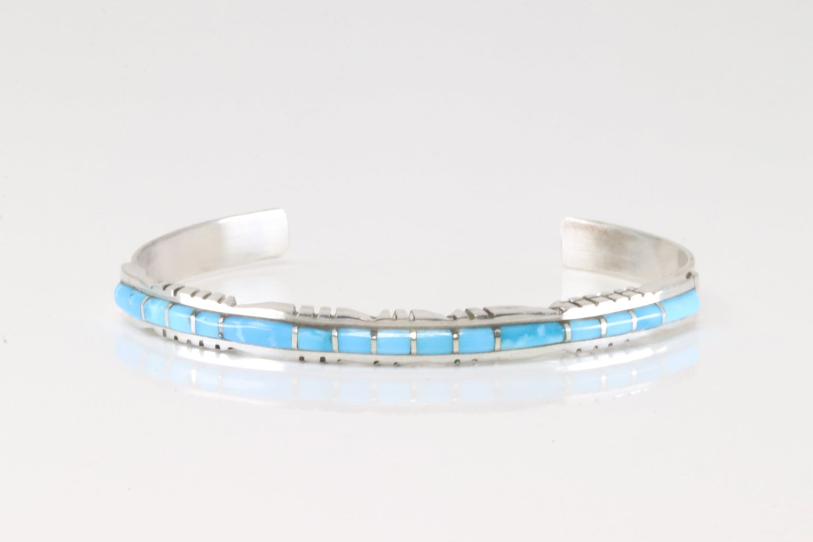 Native America Zuni Sterling Silver Turquoise Inlay Bracelet Cuff By Sheldon Lalio.: This is a Native America Zuni Sterling Silver Turquoise Inlay Bracelet Cuff By Sheldon Lalio.