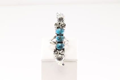 Native America Navajo Sterling Silver Turquoise Ring Floral By Angie Platero.
