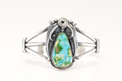 Native America Navajo Sterling Silver Sonora Gold Turquoise Bracelet Cuff By Jimmy Lee.