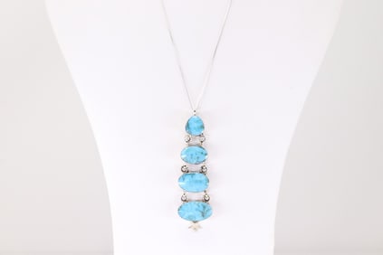 Native America Navajo Sterling Silver Turquoise Necklace By David Lopez.