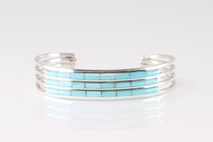 Native America Zuni Sterling Silver Turquoise Inlay Bracelet Cuff By Anson Wallace.
