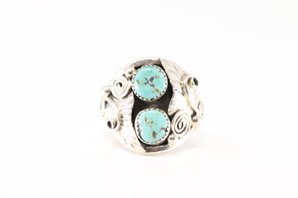 Native America Navajo Sterling Silver Turquoise Ring 2 Stone By B.