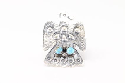 Native America Navajo Sterling Silver Turquoise Thunderbird Ring By T.Yazzie.