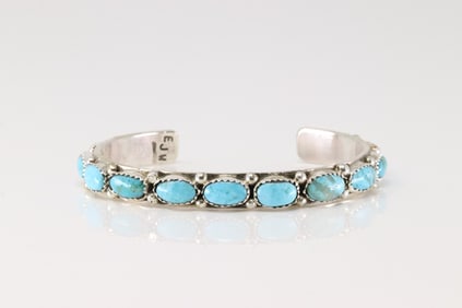 Native American Navajo Sterling Silver Turquoise Bracelet Cuff By E.J.W.