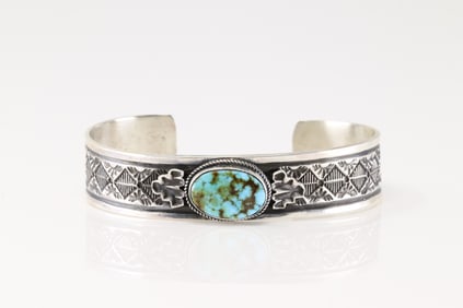 Native America Navajo Sterling Silver Kingman Turquoise Bracelet Cuff By Leonard Maloney.