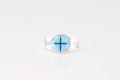 Native America Zuni Sterling Silver Black Onyx & Turquoise Inlay Ring By Carey Luarkie.