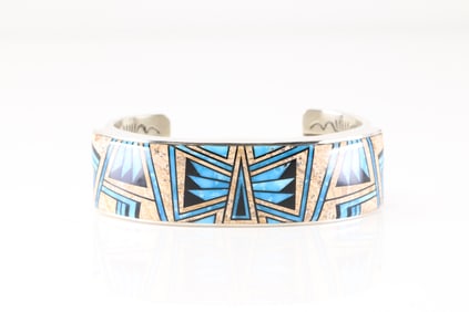 Native America Navajo Sterling Silver Multi-Color Stone Inlay Bracelet Cuff By Francis.