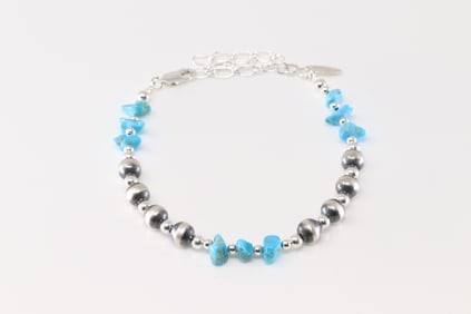 Native America Navajo Sterling Silver Pearl Beaded / Turquoise Bracelet Link By Lucinda Sardo.