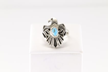 Native America Navajo Sterling Silver Turquoise Thunderbird Ring By Robertson Martinez.