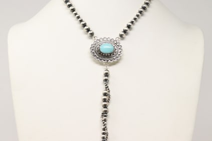 Native America Navajo Sterling Silver Kingman Turquoise / Pearl Beaded Necklace By Lucinda Sardo.