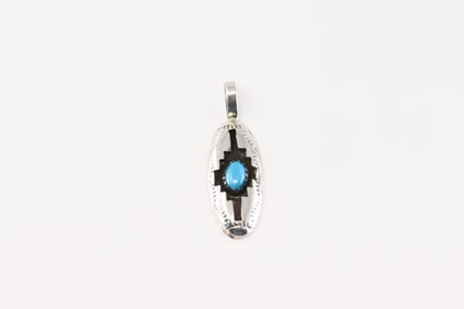 Native America Navajo Sterling Silver Turquoise Pendant By Felix Perry.