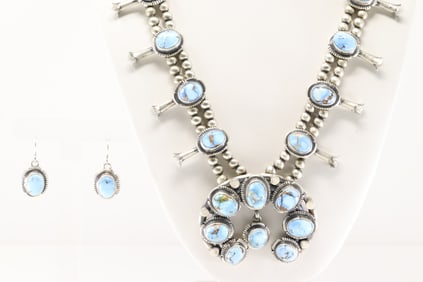 Native America Navajo Sterling Silver Golden Hill Turquoise Squash Blossom Necklace & Earring's Set