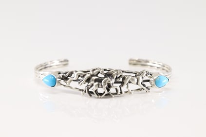 Native America Navajo Sterling Silver Turquoise Horse Pack Bracelet Cuff By Bobby Platero.
