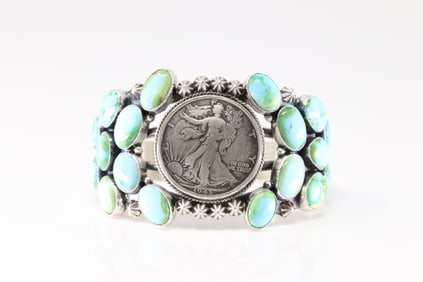 Native America Navajo Sterling Silver Sonora Gold Turquoise Liberty Dollar Coin Bracelet Cuff By