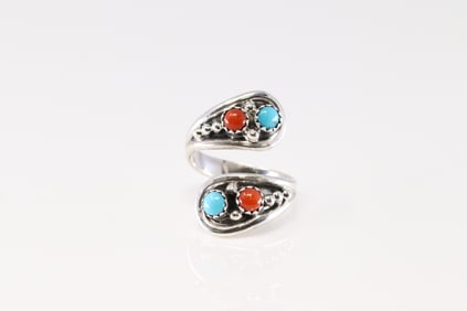 Native America Navajo Sterling Silver Coral & Turquoise Ring By Genevieve Francisco.
