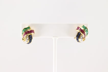 Multi-Color Gemstone & Diamond Hoop Earring 18Kt.