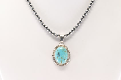 Native America Navajo Sterling Silver Kingman Turquoise Pendant By Freda Martinez. With Pearl Beaded