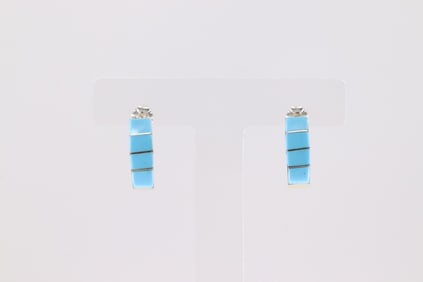 Native America Zuni Sterling Silver Turquoise Hoop Earring's By Gilbert Kanesta.