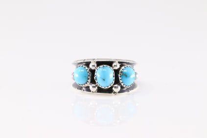 Native America Navajo Sterling Silver Turquoise Ring 3 Stone By R.C.