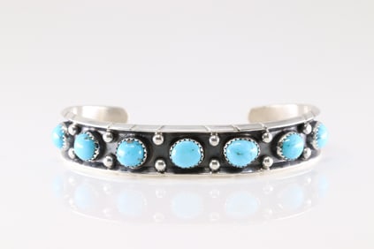 Native America Navajo Sterling Silver Kingman Turquoise Bracelet Cuff By Reed Charley.