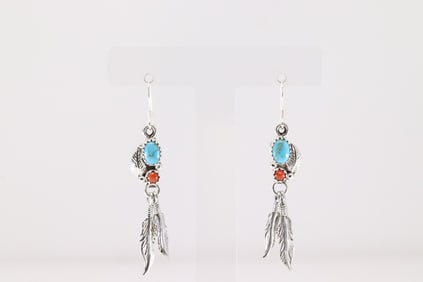 Native America Navajo Sterling Silver Coral & Turquoise Dangling Earring's By Rita Largo.