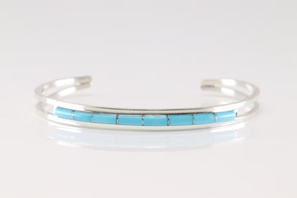 Native America Navajo Sterling Silver Turquoise Inlay Bracelet Cuff By A.L.W.