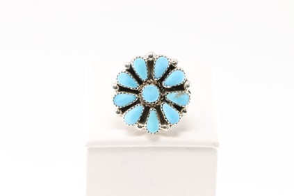 Native America Navajo Sterling Silver Turquoise Ring Flower By Alicia Wilson.