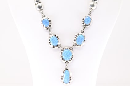 Native America Navajo Sterling Silver Synthetic Blue Opal Necklace By C.N.